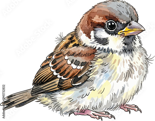 A small sparrow perched on a surface with a white background