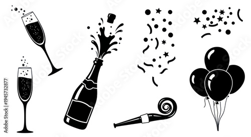 Party Celebration Elements With Champagne Bottle Balloons And Confetti Silhouette