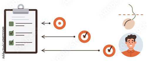 Fertility process, reproductive planning, health monitoring, pregnancy stages, personal goals, medical procedures. Checklist, arrows pointing to targets germination smiling person. Fertility