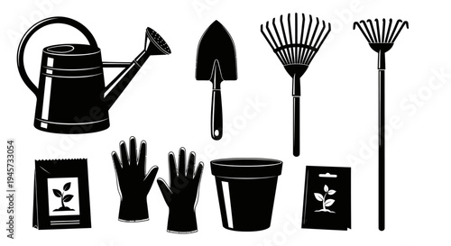 Black Silhouette Set Of Gardening Tools And Farming Equipment Icons