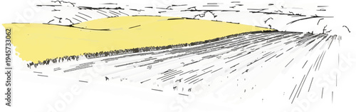 Stylized sketch of rolling yellow hills with trees and a field