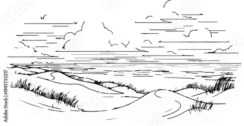Stylized sketch of rolling dunes and choppy water under a cloudy sky