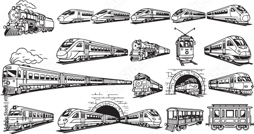  Various types of trains illustrated in black and white including steam locomotives and modern bullet trains on tracks and in tunnels