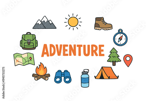 Adventure icons surrounding the word adventure, symbolizing outdoor exploration and camping. A collection of hand-drawn icons representing outdoor activities like hiking, camping