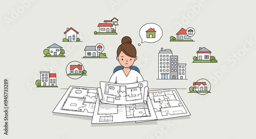 Woman Architect Studying Blueprints Surrounded by House Illustrations
