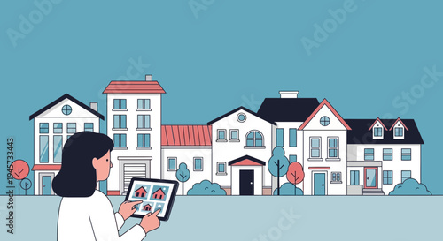 Woman Browsing Homes on Tablet in Residential Area