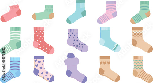 Colorful socks collection with different patterns and styles, cozy winter clothing accessories for fashion, wardrobe and textile design vector set