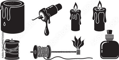 Black and white illustration of various objects and tools