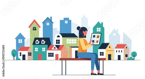 Woman Browsing Real Estate on Tablet with Cityscape Background