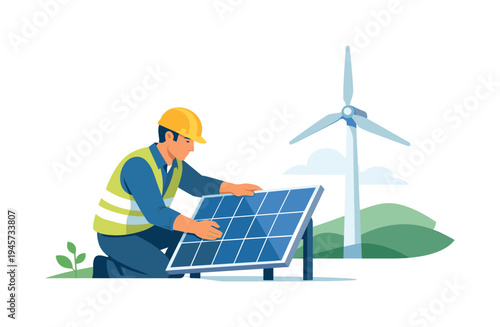 Renewable energy technician installing solar panel with wind turbine in background. A worker in a hard hat and safety vest installs a solar panel, with a wind turbine and green