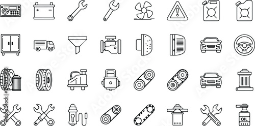 Automotive repair and car service icon vector set with battery, wrench, engine parts, tire, and maintenance symbols isolated on light background