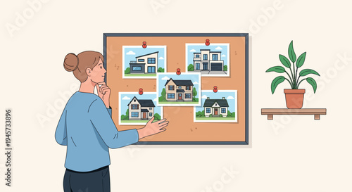 Woman choosing dream home from house pictures on bulletin board