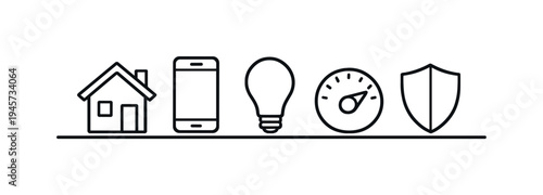 Smart home icons representing security, control, and connectivity on a clean background. A minimalist line art illustration displays icons for a house, smartphone, lightbulb, gauge