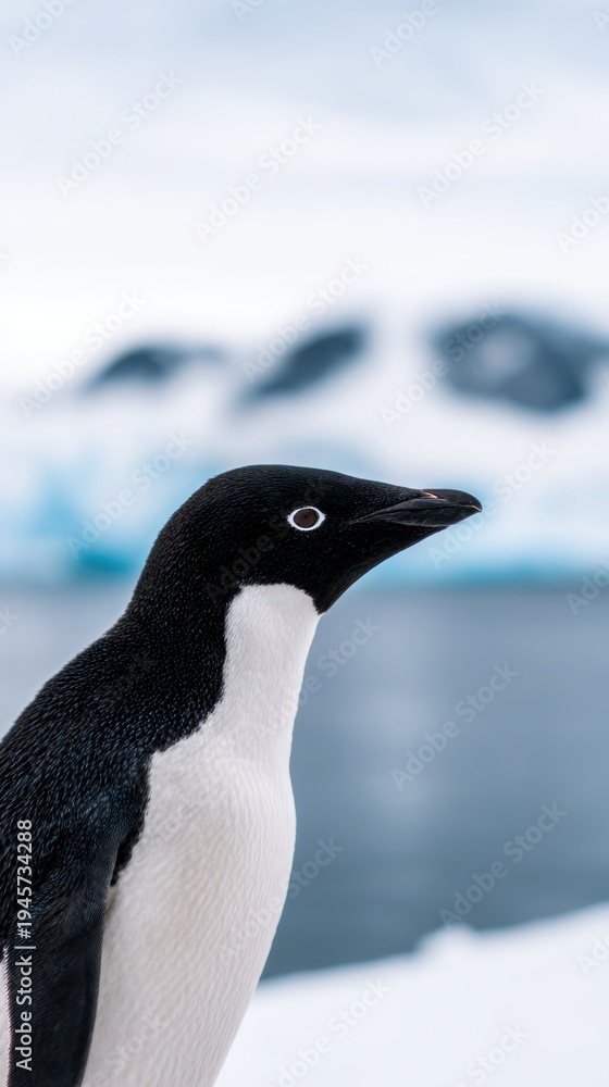 Obraz premium A close-up view of a penguin against a blurred icy landscape, highlighting its features