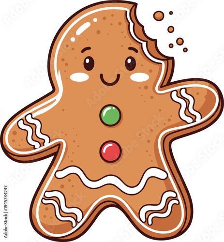 Cute bitten gingerbread man cookie with icing decoration and candy buttons, adorable Christmas holiday biscuit cartoon vector illustration