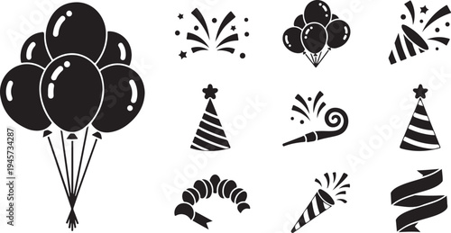 Black and white party celebration icons and symbols set