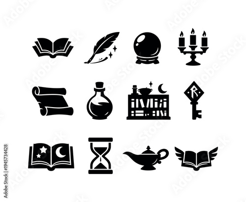 Collection of fantasy and magic icons: books, potions, scrolls, and more. A compilation of black silhouette icons representing magical and fantasy elements, including enchanted