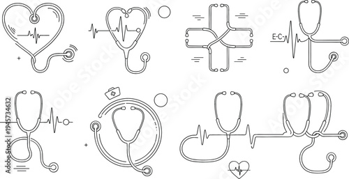 Stethoscope Medical Line Art Icon Set with Heartbeat ECG Lines, Cross Symbol and Healthcare Equipment Illustrations for Doctor, Clinic and Hospital Designs