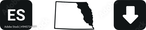 ES language abbreviation icon, Florida state map silhouette, and download arrow symbol vector set isolated on light background for interface and geography design