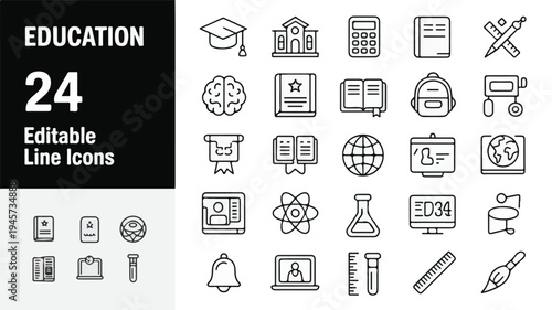 A collection of school and academic education line icons.