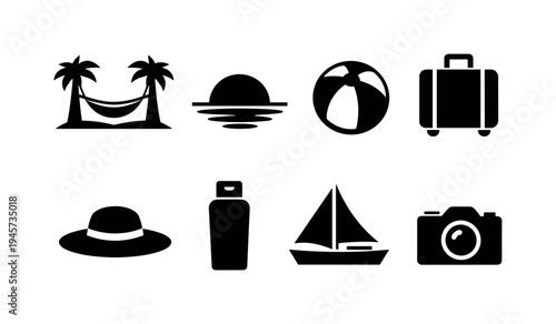 Tropical island vacation essentials: hammock between palms, sun over horizon, beach ball, travel suitcase, straw hat, sunscreen bottle, sailboat, camera