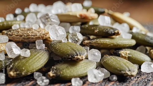 Close up of green pumpkin seeds and salt crystals