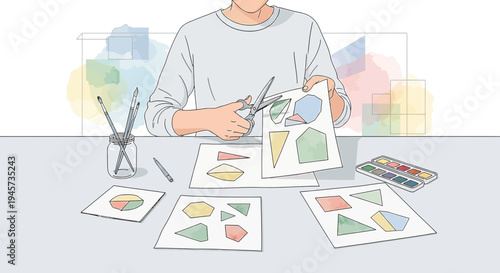 Creative Person Cutting Geometric Shapes from Paper for Art Project