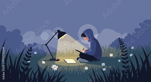 Creative Person Drawing at Night Outdoors Illuminated by Lamp