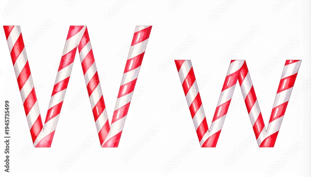 Obraz premium Candy cane capital and small letter W. Red and white striped letter on solid white background