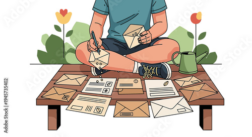 Creative Person Writing Letters Outdoors with Envelopes and Flowers