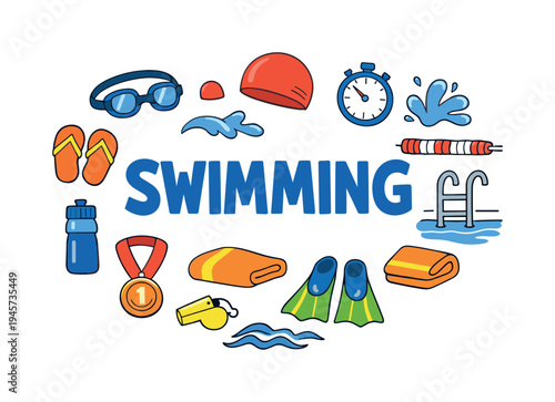 Swimming equipment and accessories arranged around the word swimming. A collection of cartoon-style swimming gear including goggles, cap, flip-flops, water bottle, medal, towel