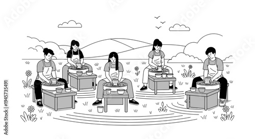 Creative Potters Working Outdoors on Pottery Wheels