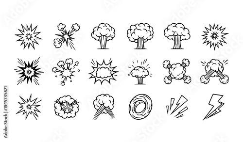 Cartoon explosion effects vector set with comic smoke blast bomb and impact icons in black and white style