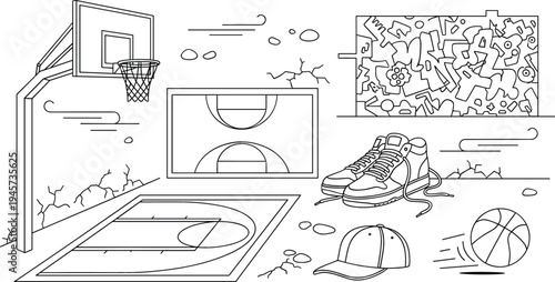 Street Basketball Court Scene Line Art Illustration with Hoop, Ball, Sneakers, Cap and Graffiti Wall for Urban Sports and Playground Design