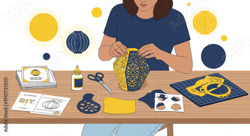 Creative Woman Making Paper Lantern Craft, DIY Hobby, Festive Decoration