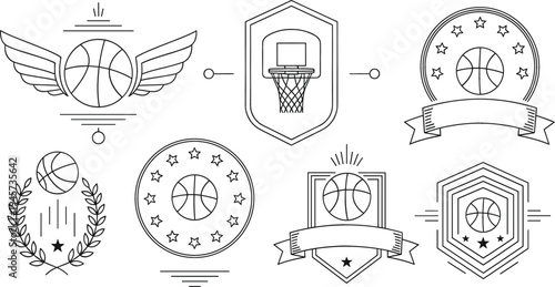 Basketball Badge and Emblem Line Art Set with Winged Ball, Hoop Shield, Stars, Laurel Wreath and Ribbon Banners for Sports Logo Design