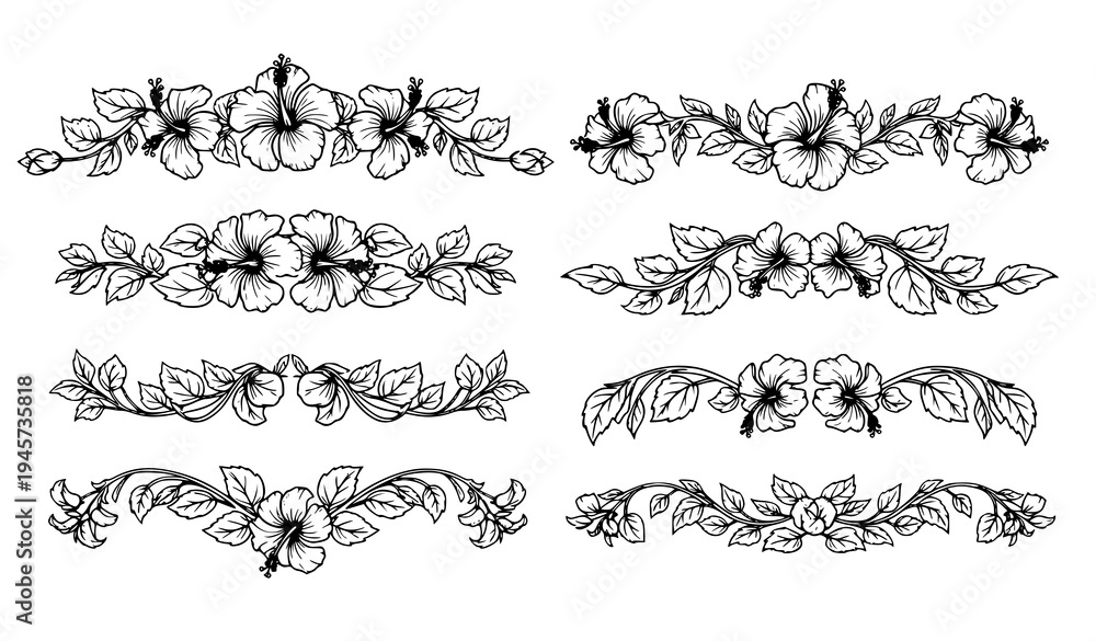 Fototapeta premium Elegant hibiscus floral border dividers with botanical leaves decorative black vector ornament set