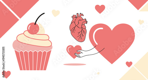 Cupcake, Heart Icon & Anatomical Heart - Love, Health, Sweetness Concepts
