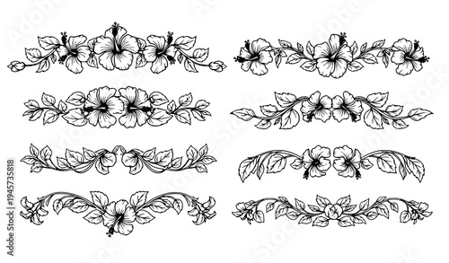 Elegant hibiscus floral border dividers with botanical leaves decorative black vector ornament set