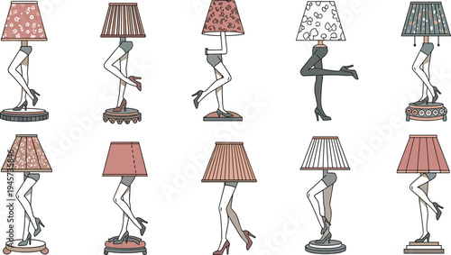 Retro lamps with human legs collection, quirky vintage table lamps wearing stockings and high heels humorous furniture vector illustration set