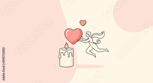 Cupid with Heart and Candle, Valentine's Day Love Symbol, Romantic Illustration