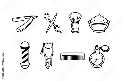 Barber shop tools and accessories collection, clean line art icons. A collection of classic barber shop tools including a straight razor, scissors, shaving brush, shaving bowl