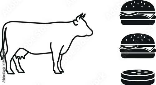 Cow outline and hamburger burger icon vector set isolated on light background for beef food concept, livestock farming, and fast food design