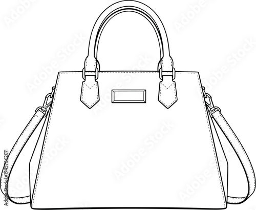 Black and white structured handbag illustration featuring trapezoidal shape, short handles, shoulder strap, decorative stitching, and elegant fashion design