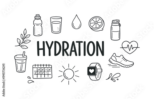 Hydration and healthy lifestyle icons surrounding the word hydration. A collection of hand-drawn icons representing hydration, fitness, and well-being, centered around the word