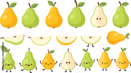 Hand drawn pear fruit doodles collection with cute cartoon pears, slices and playful characters colorful sketch style vector illustration set