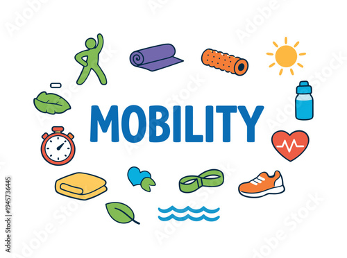 Mobility concept with icons for fitness, health, and wellness activities. A collection of colorful icons representing physical activity, exercise, and healthy living surrounds the