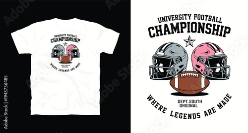 University football championship t-shirt design with two helmets, a football, and text where legends are made