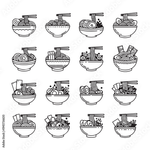 Noodle Bowl Icons SetJapanese Ramen and Udon Noodles with ChopsticksLine Art