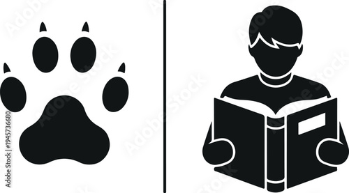 Animal paw print and student reading book icon vector set isolated on light background for education, learning, and pet symbol design